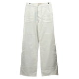 White wide-leg pants with two front pockets, belt loops, and full-length straight legs