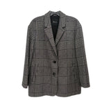 Gray plaid single-breasted blazer with notched lapels and button front