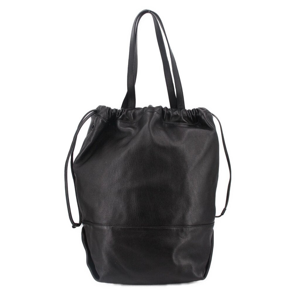 Black drawstring tote bag with gathered top and long side handles, front view.