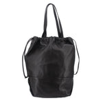 Black drawstring tote bag with gathered top and long side handles, front view.