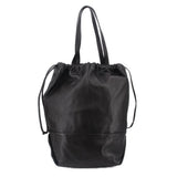 Black drawstring tote bag with gathered top and long side handles, front view.