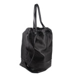 Black leather drawstring tote bag with long handles and gathered top opening