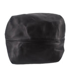 Black drawstring tote bag with rounded rectangular shape and front seam panel.