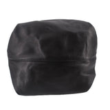 Black drawstring tote bag with rounded rectangular shape and front seam panel.