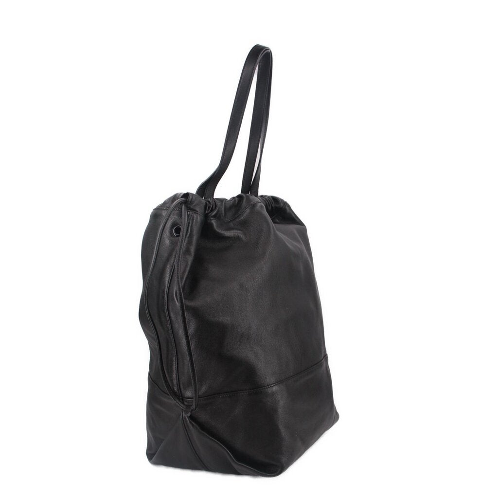 Black drawstring tote bag with long handles and side seam detailing, angled view.