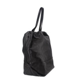 Black drawstring tote bag with long handles and side seam detailing, angled view.