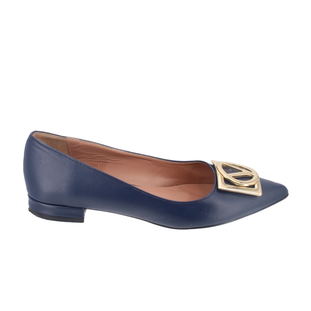 Navy leather flats with square-toe gold logo accent and low block heel