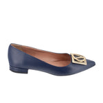 Navy leather flats with square-toe gold logo accent and low block heel