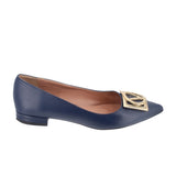 Navy leather flats with square-toe gold logo accent and low block heel