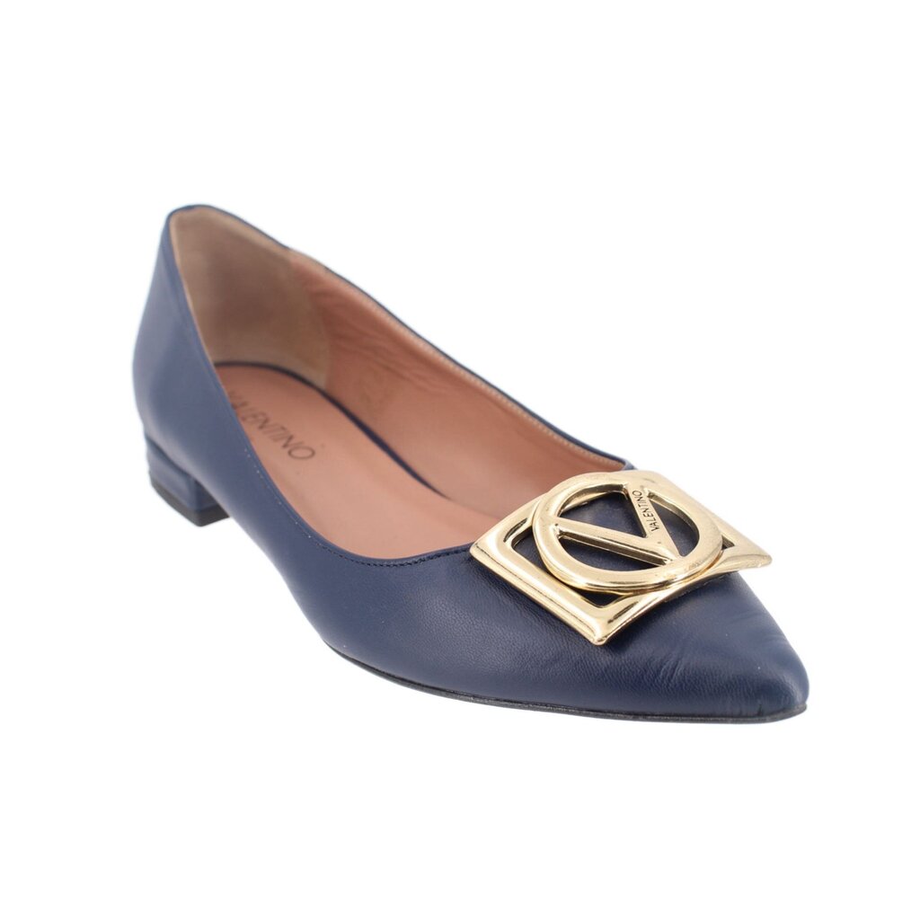 Navy leather flats with gold logo buckle and low block heel
