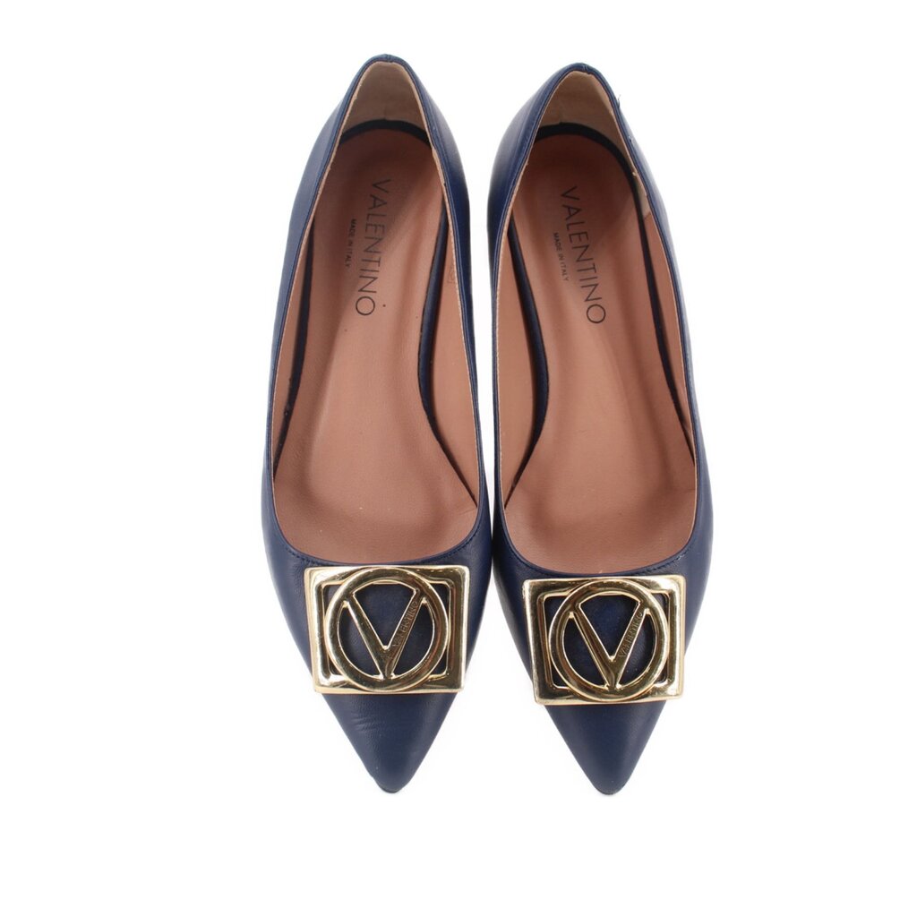 Pair of navy pointed-toe flats with gold V logo hardware