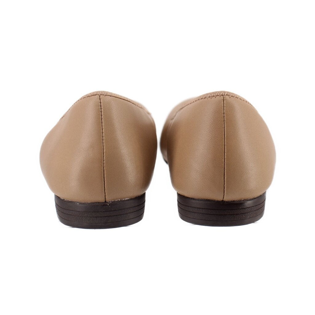 Tan leather flats back view with seam detail and low stacked heel