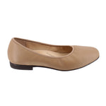 Tan leather flats with round toe, slip-on design, low stacked heel