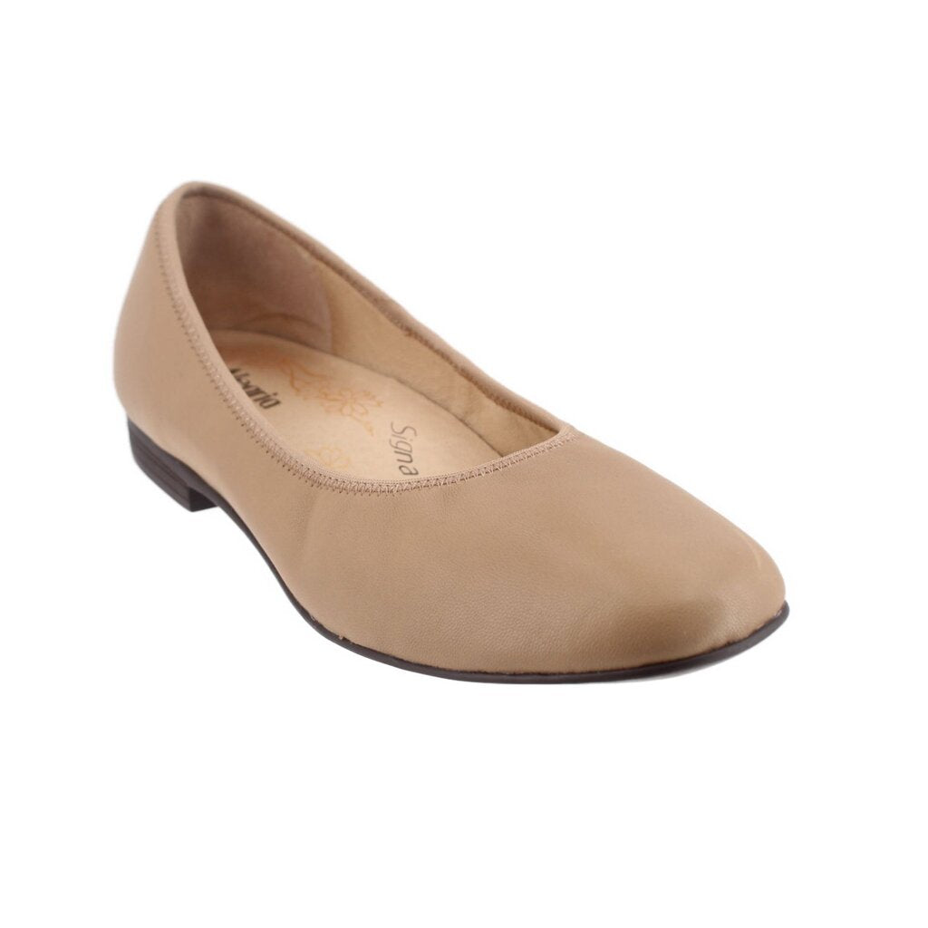 Tan leather flats with round toe and low stacked heel