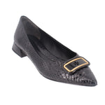 Black snake-print leather flats with gold buckle detail and low block heel