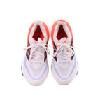 White mesh lace-up sneakers, front view with breathable pattern and orange-lined collar