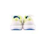 Back view of VIBRAM yellow mesh sneakers with white heel tabs and blue details