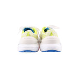 Back view of VIBRAM yellow mesh sneakers with white heel tabs and blue details