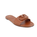 Brown slide sandals with V logo strap and cushioned footbed