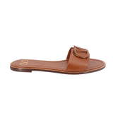 Brown slide sandals with single buckle strap and V logo on footbed