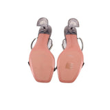 Pewter crystal mule sandals underside view with open toe and rhinestone ankle strap
