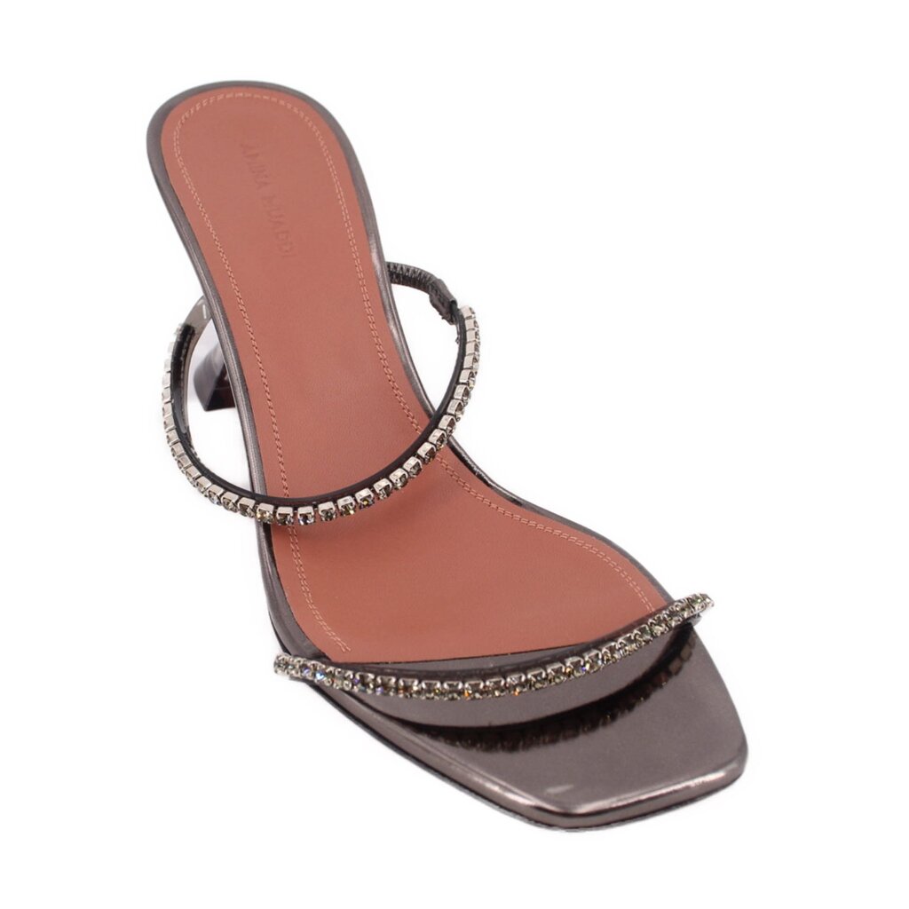Pewter crystal heeled sandals with toe loop and ankle strap
