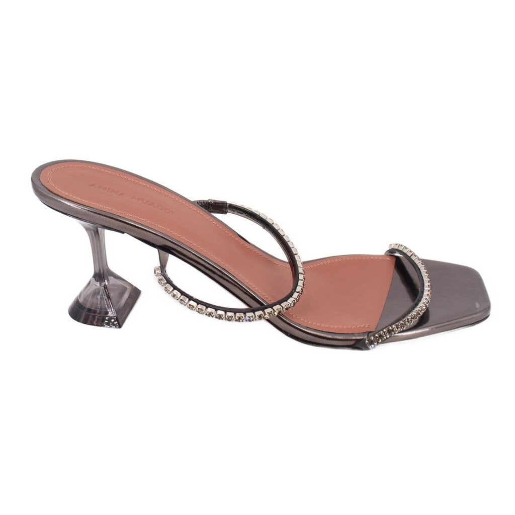 Pewter crystal heeled sandals with clear block heel, toe loop, and side strap