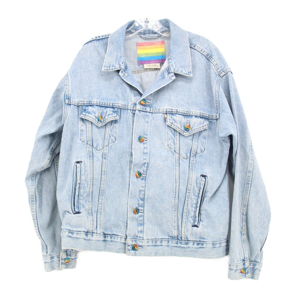 Light blue denim trucker jacket, button front, chest flap pockets, pride patch collar