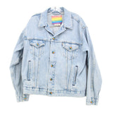 Light blue denim trucker jacket, button front, chest flap pockets, pride patch collar