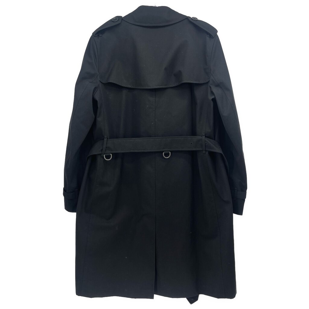 Black Burberry trench coat with back yoke, waist belt, and buttoned cuffs