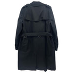 Black Burberry trench coat with back yoke, waist belt, and buttoned cuffs