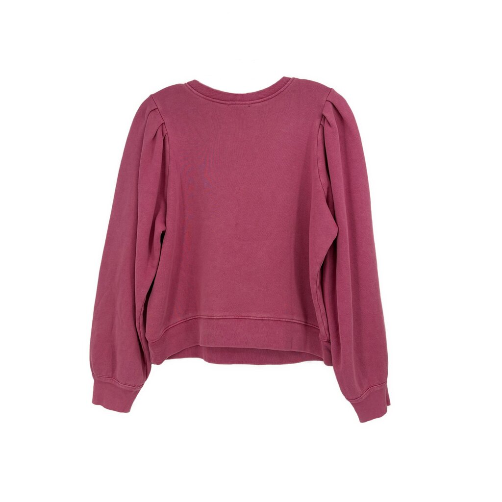 Pink long-sleeve crewneck top with puff shoulders and relaxed hem