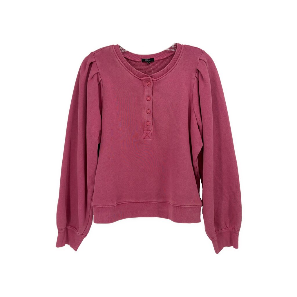 Pink long-sleeve crewneck top with button placket and puff sleeves