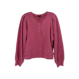 Pink long-sleeve crewneck top with button placket and puff sleeves