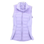 Women's purple quilted down vest with full zipper and stand collar