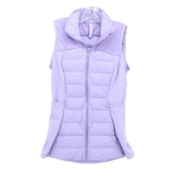 Women's purple quilted down vest with full zipper and stand collar