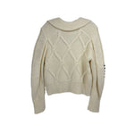 Cream knit sweater back view, diamond cable pattern, ribbed crew neck and hem