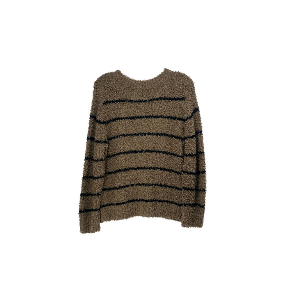 Brown fuzzy knit top with black horizontal stripes, crew neck, long sleeves.