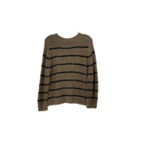 Brown fuzzy knit top with black horizontal stripes, crew neck, long sleeves.