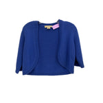 Blue cashmere cardigan with open front, shawl collar, and ribbed trim