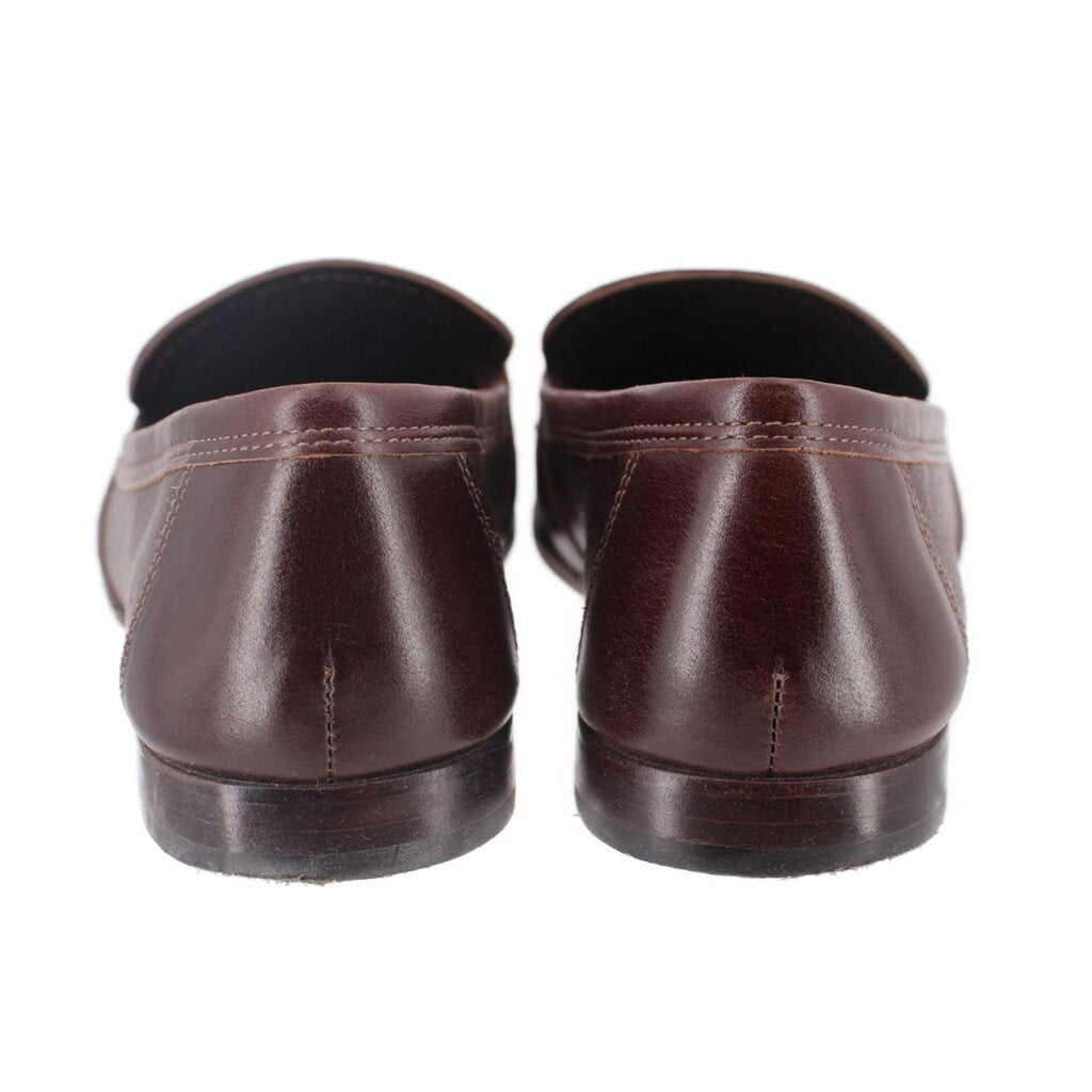 Brown loafers back view with low block heel and padded collar