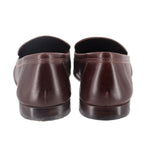 Brown loafers back view with low block heel and padded collar