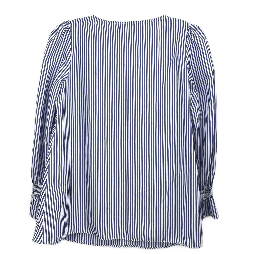 Back view of blue striped blouse top with gathered sleeve cuffs