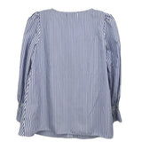 Back view of blue striped blouse top with gathered sleeve cuffs