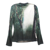 Green long-sleeve graphic top with abstract back print, crew neck