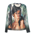Green long-sleeve graphic top with model face print, crew neck