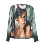 Green long-sleeve graphic top with model face print, crew neck