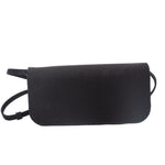 Black crossbody bag with smooth front flap and adjustable shoulder strap