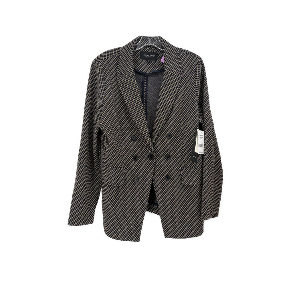 Gray check double-breasted blazer with notched lapels and flap pockets