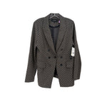 Gray check double-breasted blazer with notched lapels and flap pockets